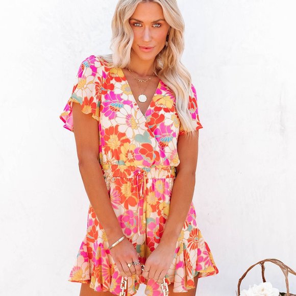 YOU CUTE FLORAL RUFFLE ROMPER - RED MULTI - Picture 5 of 9